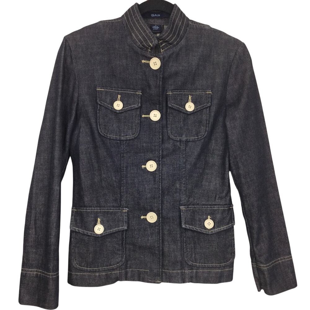 Gap VTG Y2K Military Style Mock Neck Front Flap Pockets Denim Jacket Women's 2